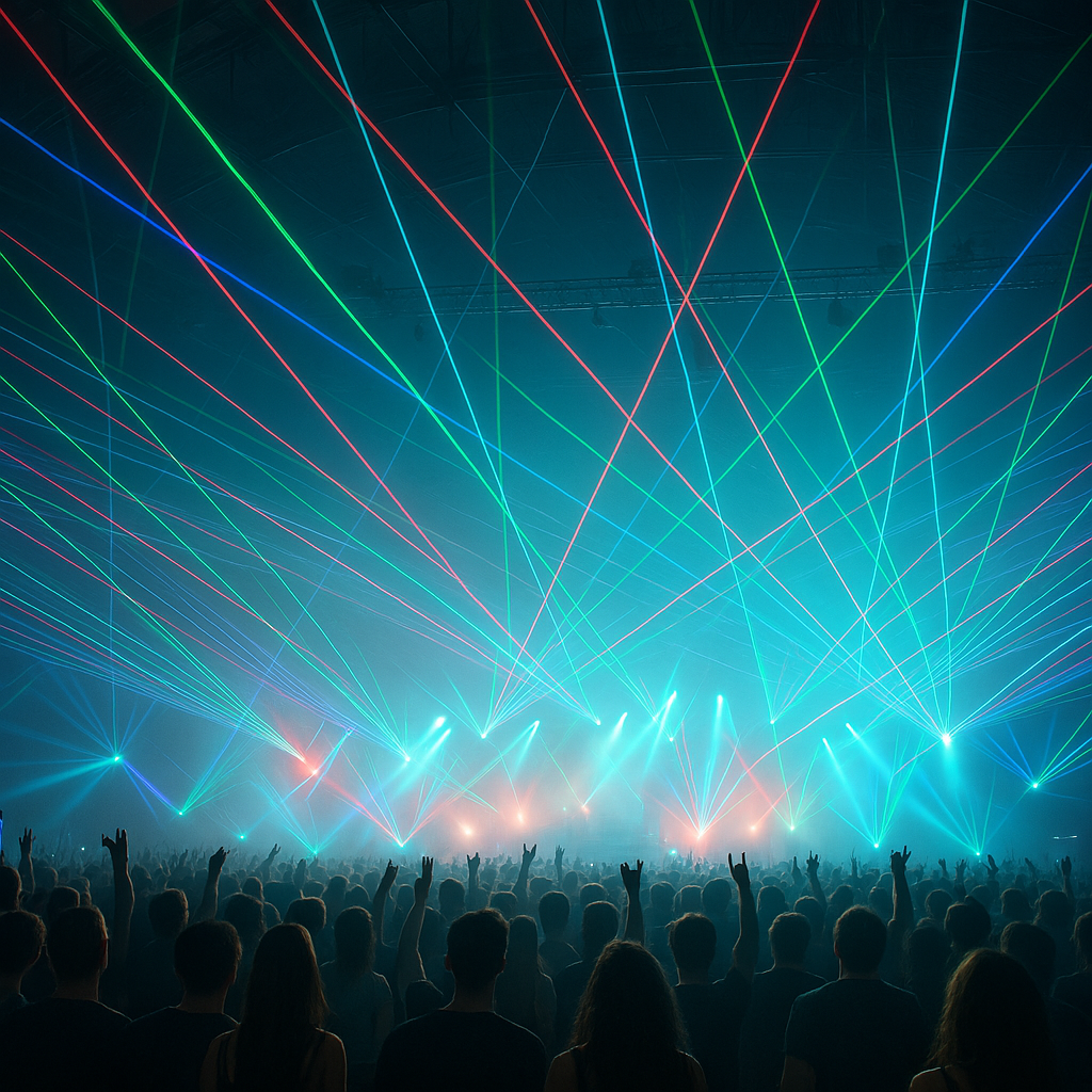 A live audience gathered beneath a vivid concert light show