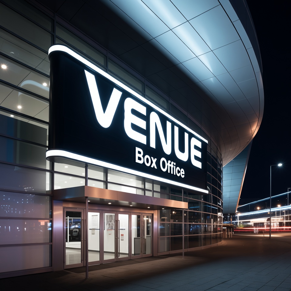 An illuminated Venues box office welcoming guests